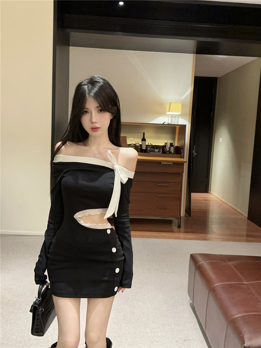 Elegant Bow Accent Lace Trimmed Cutout Button Design Mini Skirt Chic Date Night Bodycon Off-Shoulder Short Dress AP1683