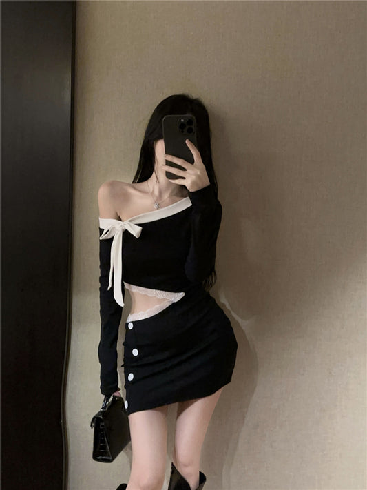 Elegant Bow Accent Lace Trimmed Cutout Button Design Mini Skirt Chic Date Night Bodycon Off-Shoulder Short Dress AP1683