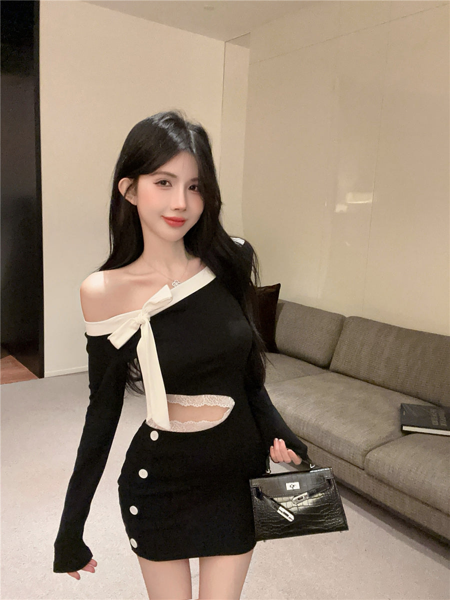 Elegant Bow Accent Lace Trimmed Cutout Button Design Mini Skirt Chic Date Night Bodycon Off-Shoulder Short Dress AP1683