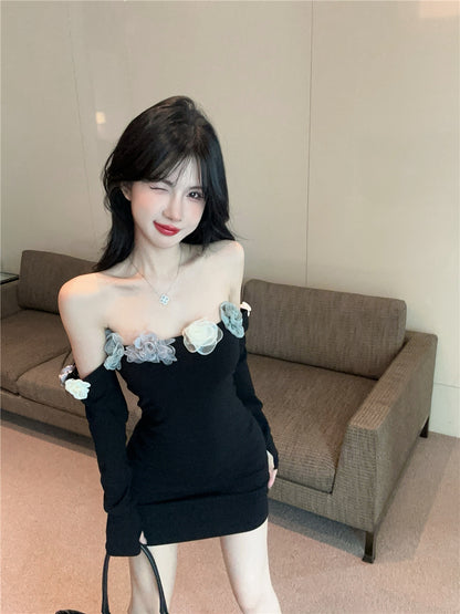 Chic Colorful Flowers Design Long Sleeve Mini Skirt Charming Black Off-Shoulder Sheath Short Dress AP1684