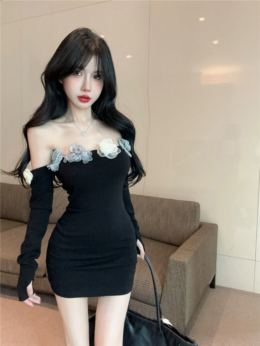 Chic Colorful Flowers Design Long Sleeve Mini Skirt Charming Black Off-Shoulder Sheath Short Dress AP1684