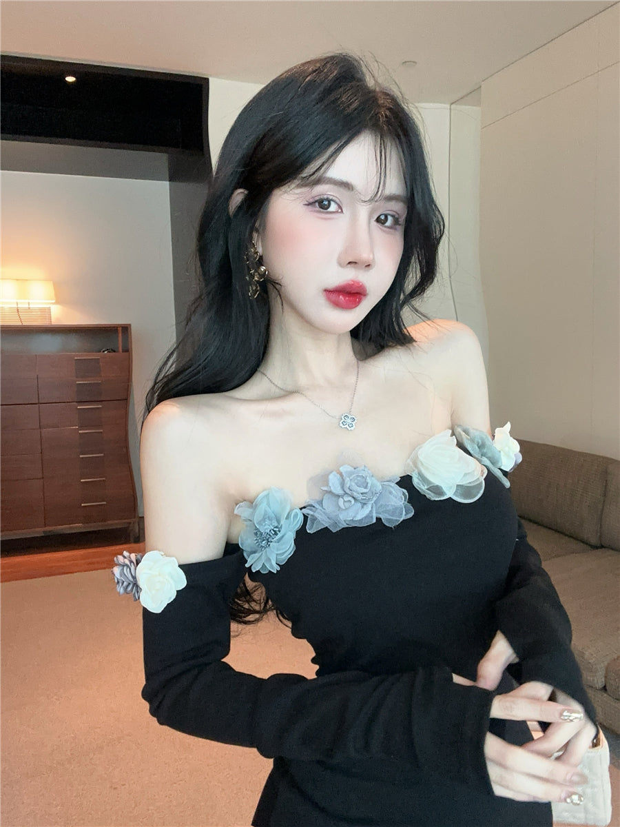 Chic Colorful Flowers Design Long Sleeve Mini Skirt Charming Black Off-Shoulder Sheath Short Dress AP1684