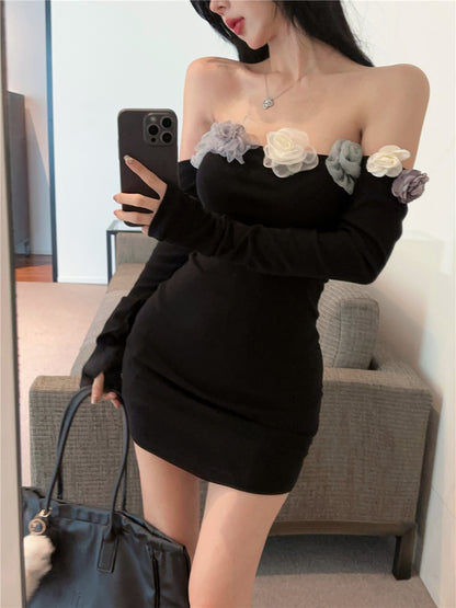Chic Colorful Flowers Design Long Sleeve Mini Skirt Charming Black Off-Shoulder Sheath Short Dress AP1684