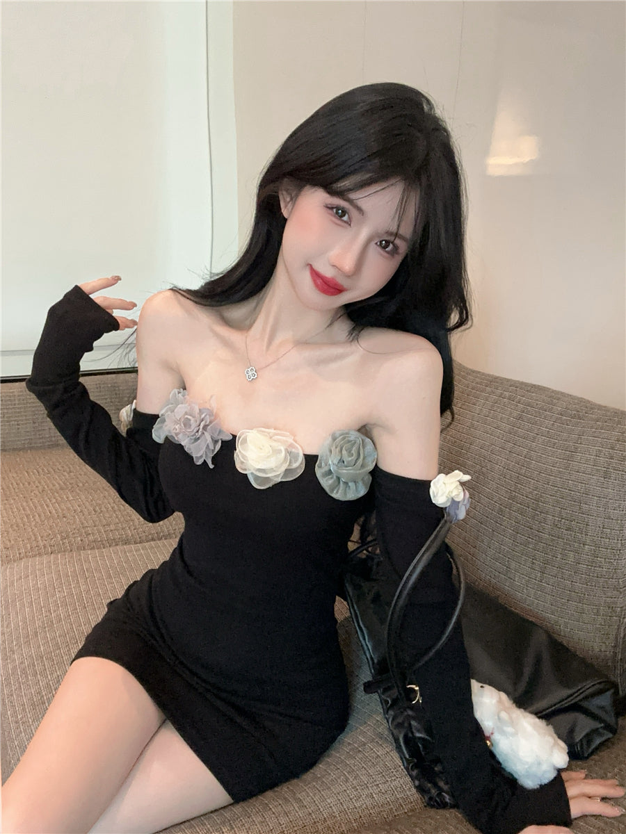 Chic Colorful Flowers Design Long Sleeve Mini Skirt Charming Black Off-Shoulder Sheath Short Dress AP1684