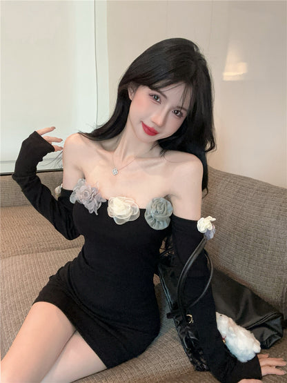 Chic Colorful Flowers Design Long Sleeve Mini Skirt Charming Black Off-Shoulder Sheath Short Dress AP1684