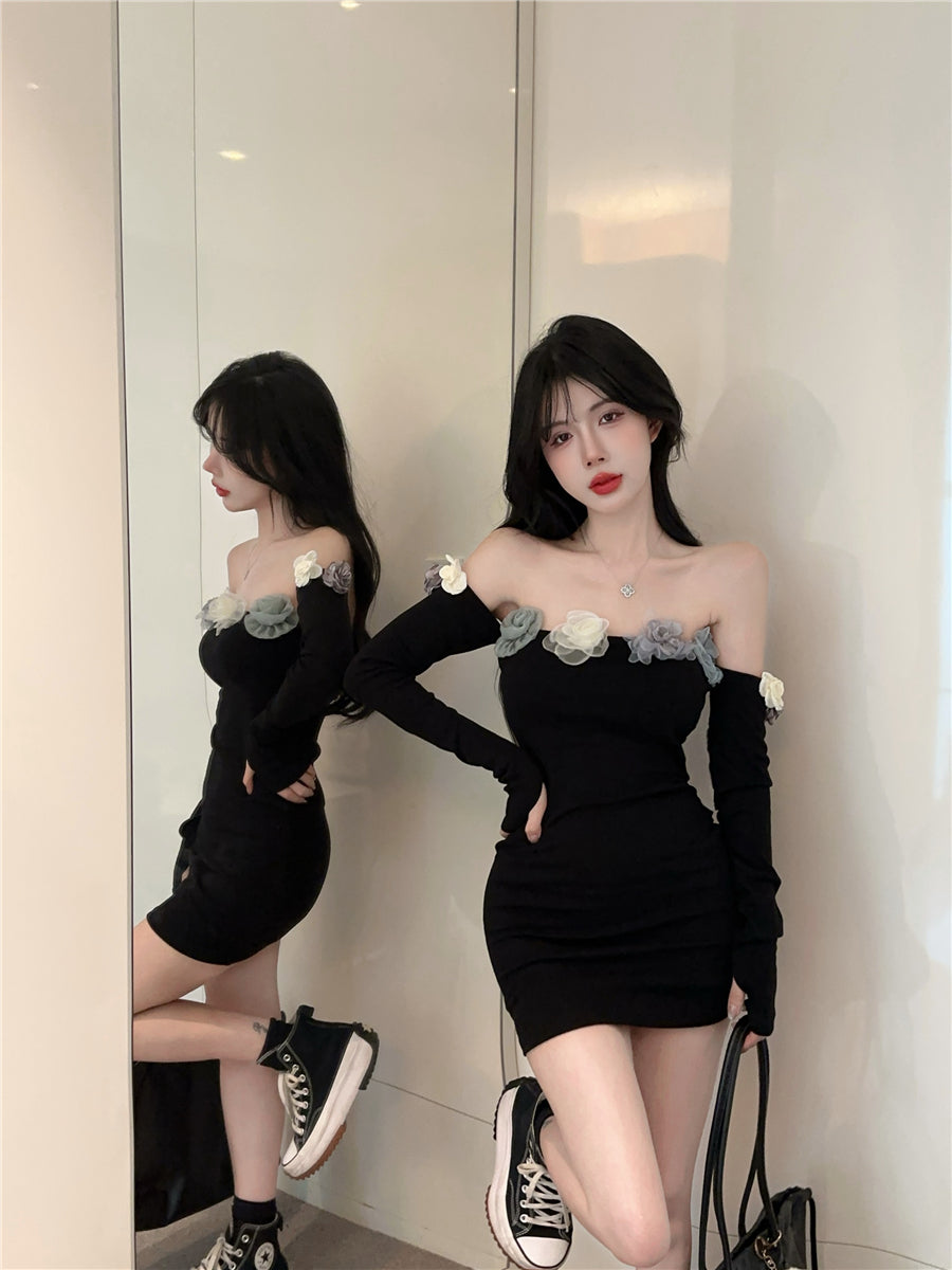 Chic Colorful Flowers Design Long Sleeve Mini Skirt Charming Black Off-Shoulder Sheath Short Dress AP1684