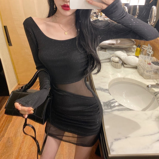 Unique Long Sleeve Glittering Sequins Design Mini Skirt Vogue Black Sheer Tulle Overlay Cutout Waist Bodycon Short Dress AP1685