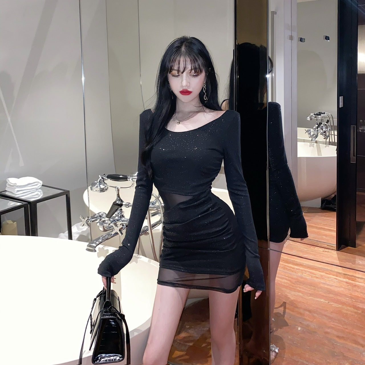 Unique Long Sleeve Glittering Sequins Design Mini Skirt Vogue Black Sheer Tulle Overlay Cutout Waist Bodycon Short Dress AP1685