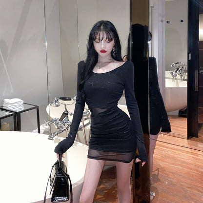 Unique Long Sleeve Glittering Sequins Design Mini Skirt Vogue Black Sheer Tulle Overlay Cutout Waist Bodycon Short Dress AP1685