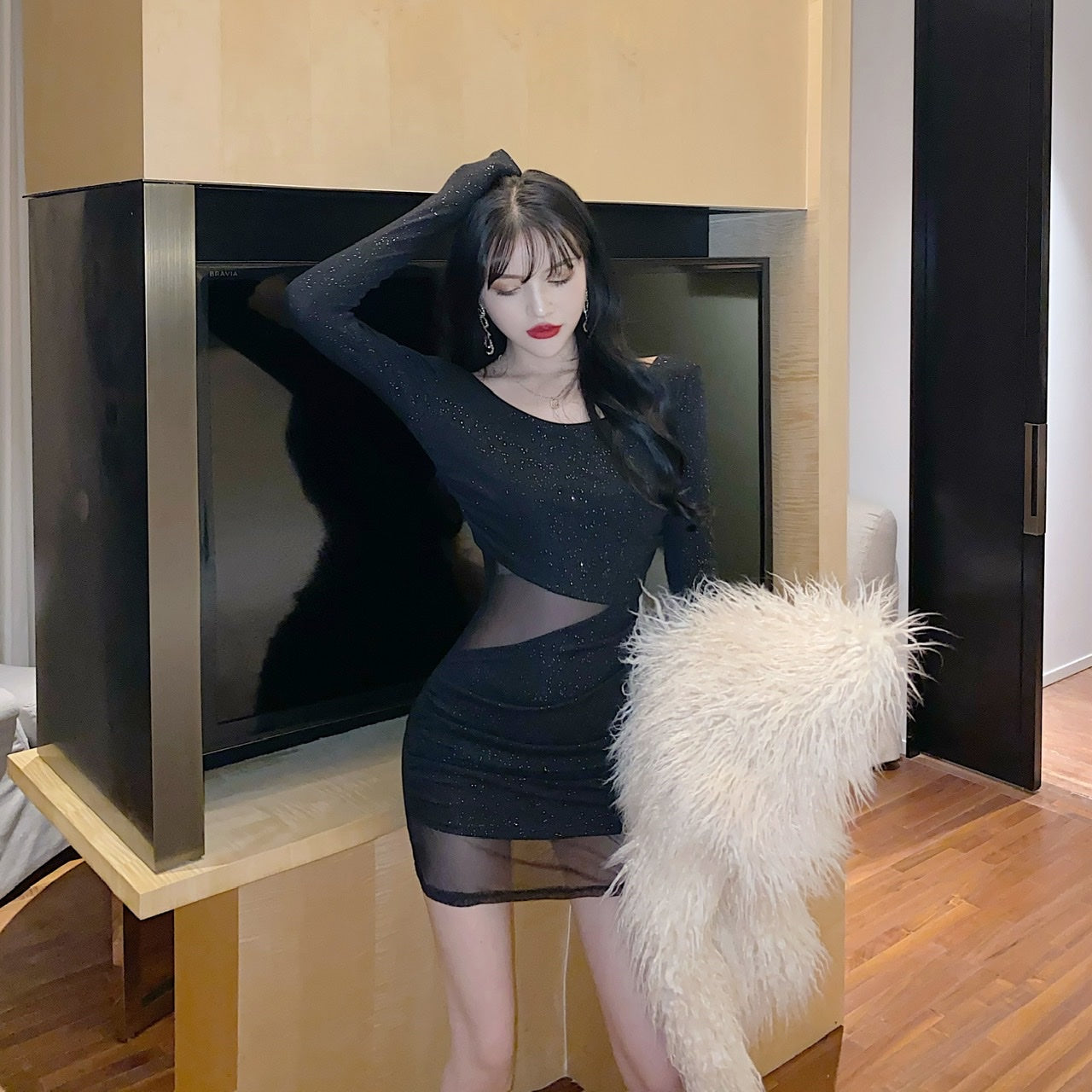 Unique Long Sleeve Glittering Sequins Design Mini Skirt Vogue Black Sheer Tulle Overlay Cutout Waist Bodycon Short Dress AP1685