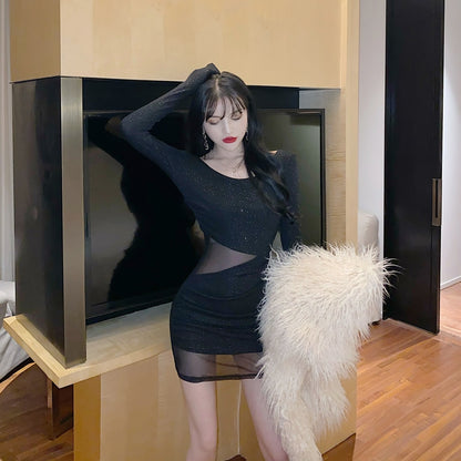 Unique Long Sleeve Glittering Sequins Design Mini Skirt Vogue Black Sheer Tulle Overlay Cutout Waist Bodycon Short Dress AP1685