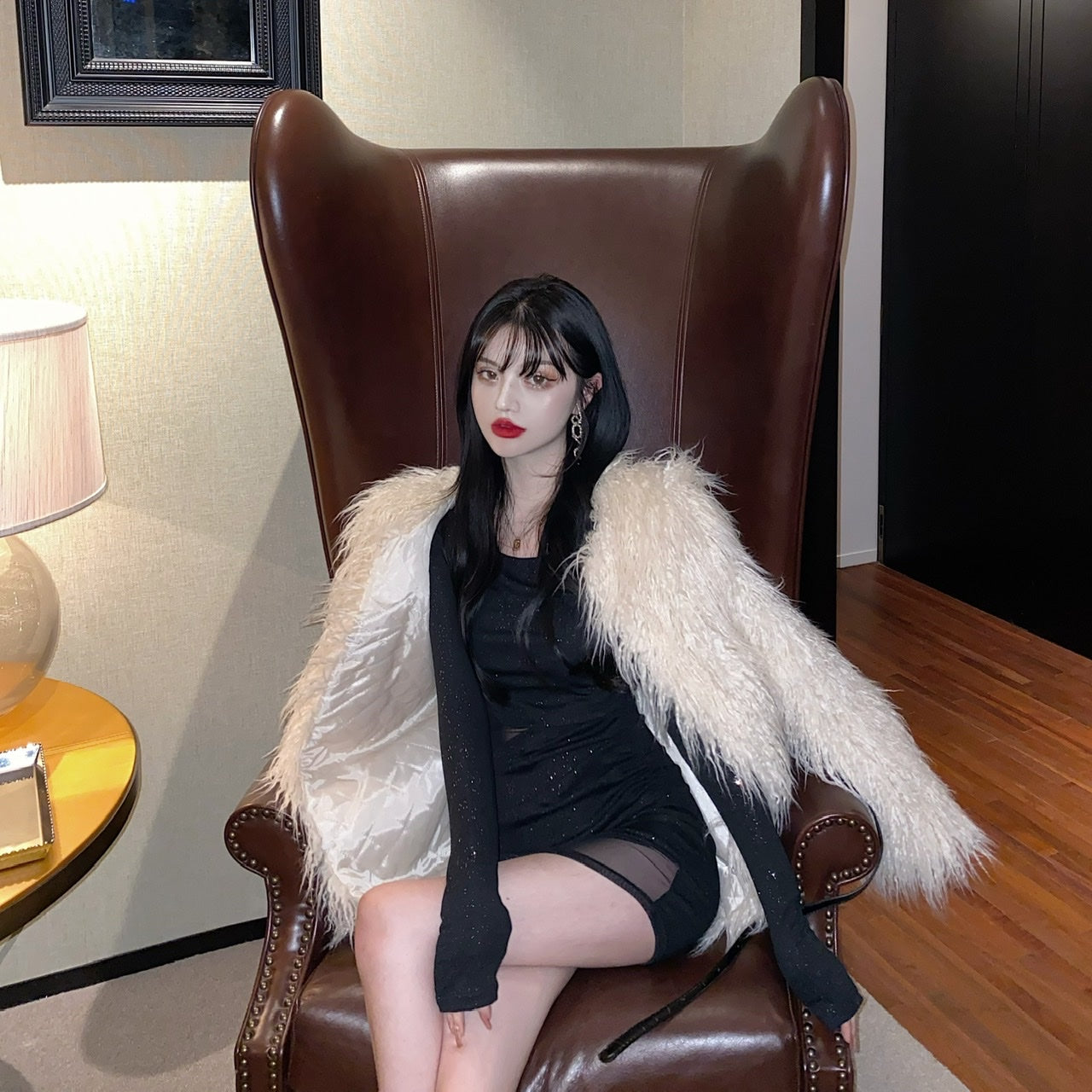 Unique Long Sleeve Glittering Sequins Design Mini Skirt Vogue Black Sheer Tulle Overlay Cutout Waist Bodycon Short Dress AP1685