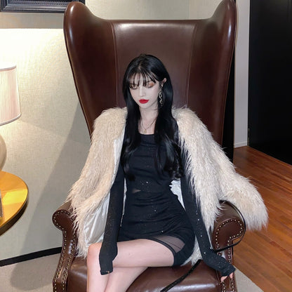 Unique Long Sleeve Glittering Sequins Design Mini Skirt Vogue Black Sheer Tulle Overlay Cutout Waist Bodycon Short Dress AP1685