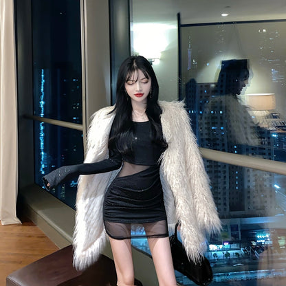 Unique Long Sleeve Glittering Sequins Design Mini Skirt Vogue Black Sheer Tulle Overlay Cutout Waist Bodycon Short Dress AP1685