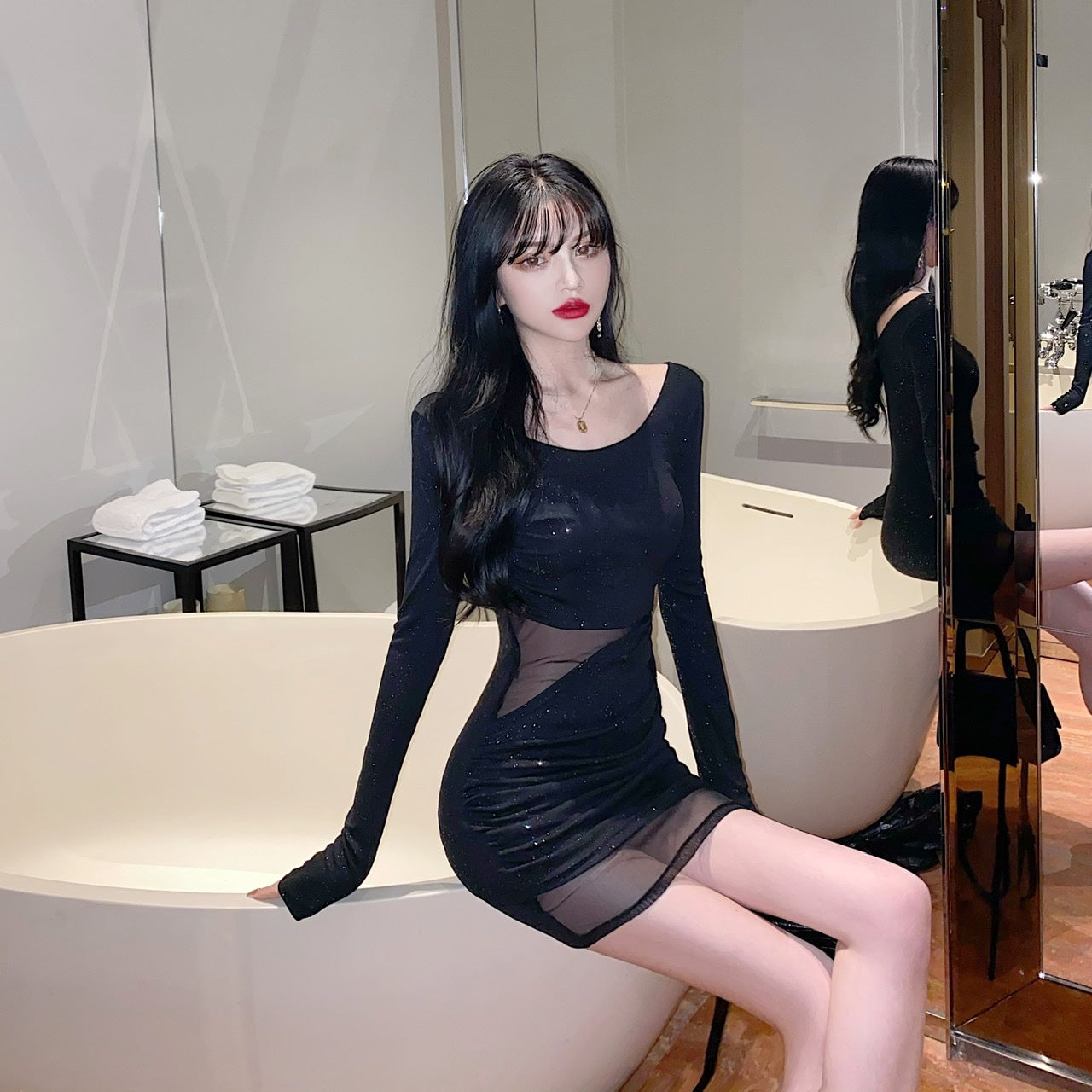 Unique Long Sleeve Glittering Sequins Design Mini Skirt Vogue Black Sheer Tulle Overlay Cutout Waist Bodycon Short Dress AP1685