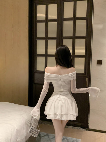 Graceful White Sheer Mesh Long Bell Sleeve Mini Skirt Chic Cinched-Waist A-Line Tiered Ruffles Hem Short Dress AP1686