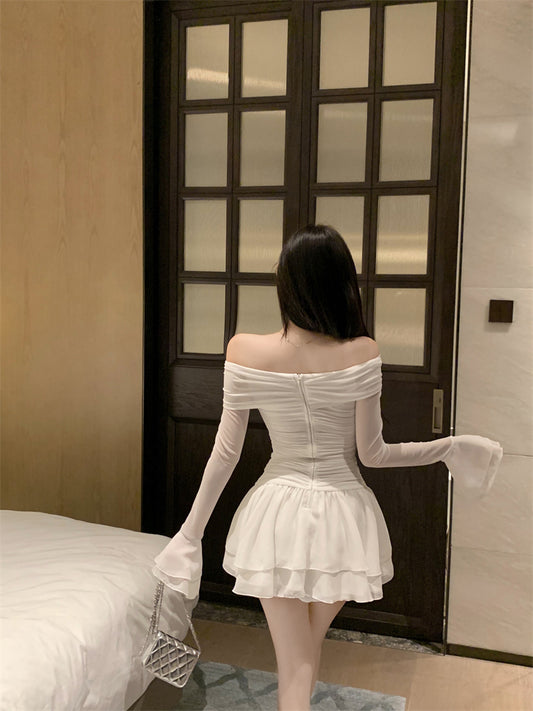 Graceful White Sheer Mesh Long Bell Sleeve Mini Skirt Chic Cinched-Waist A-Line Tiered Ruffles Hem Short Dress AP1686