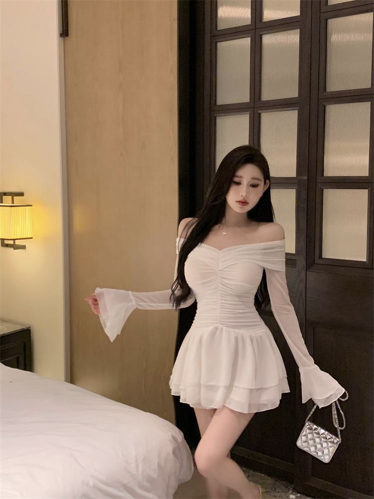 Graceful White Sheer Mesh Long Bell Sleeve Mini Skirt Chic Cinched-Waist A-Line Tiered Ruffles Hem Short Dress AP1686