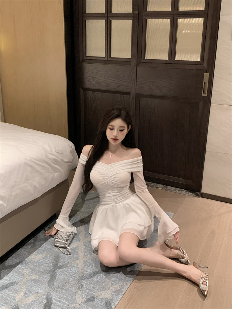 Graceful White Sheer Mesh Long Bell Sleeve Mini Skirt Chic Cinched-Waist A-Line Tiered Ruffles Hem Short Dress AP1686