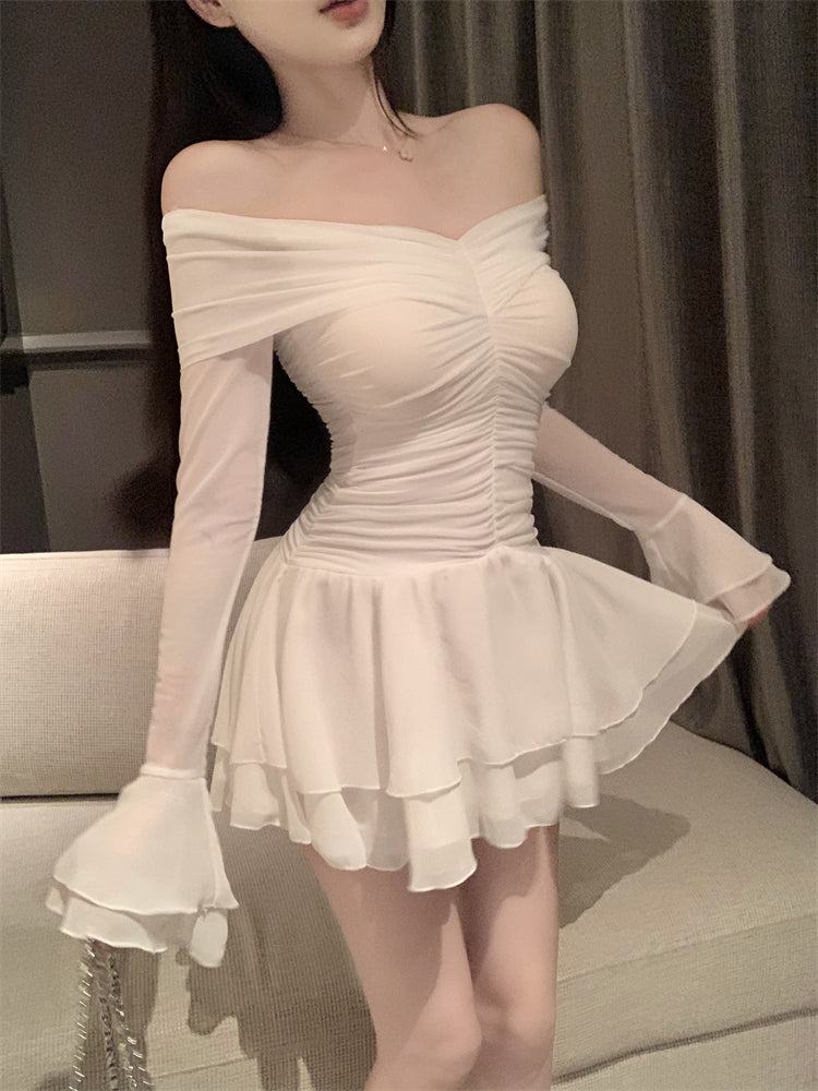 Graceful White Sheer Mesh Long Bell Sleeve Mini Skirt Chic Cinched-Waist A-Line Tiered Ruffles Hem Short Dress AP1686