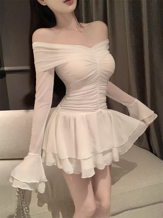 Graceful White Sheer Mesh Long Bell Sleeve Mini Skirt Chic Cinched-Waist A-Line Tiered Ruffles Hem Short Dress AP1686