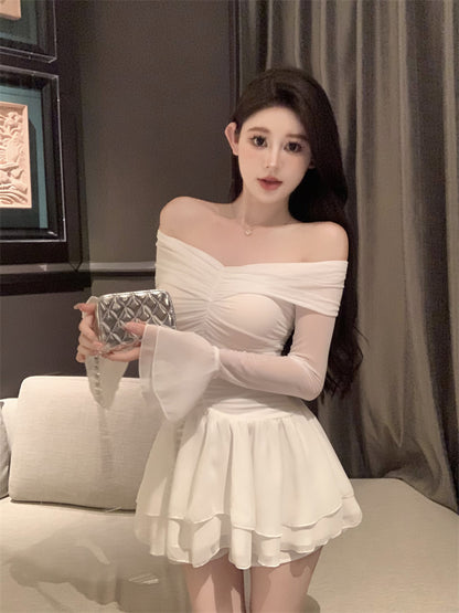 Graceful White Sheer Mesh Long Bell Sleeve Mini Skirt Chic Cinched-Waist A-Line Tiered Ruffles Hem Short Dress AP1686