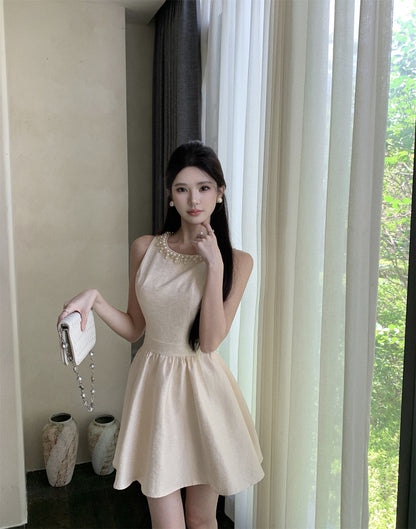 Lustrous Ivory A-Line Fitting Mini Skirt Charming Beading Neckline Ruffles Hem Halter Short Dress AP1687