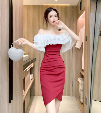 New Tendency Off-Shoulder Ruffles Trimmed Tiered Neckline Mini Dress Chic Red Sheath Asymmetric Hem Short Dress AP1689