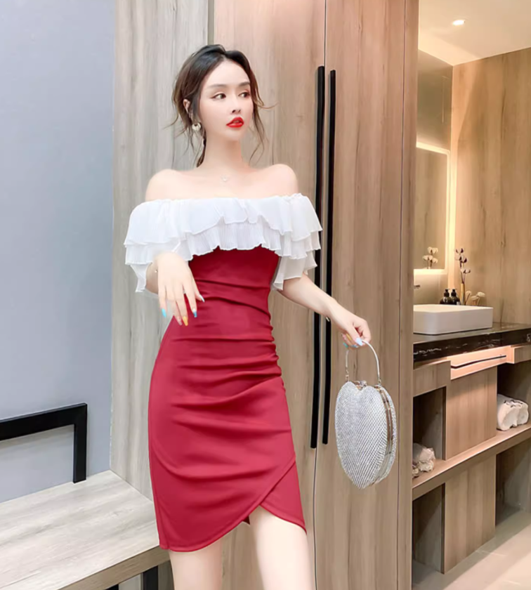 New Tendency Off-Shoulder Ruffles Trimmed Tiered Neckline Mini Dress Chic Red Sheath Asymmetric Hem Short Dress AP1689