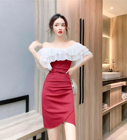 New Tendency Off-Shoulder Ruffles Trimmed Tiered Neckline Mini Dress Chic Red Sheath Asymmetric Hem Short Dress AP1689