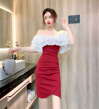 New Tendency Off-Shoulder Ruffles Trimmed Tiered Neckline Mini Dress Chic Red Sheath Asymmetric Hem Short Dress AP1689