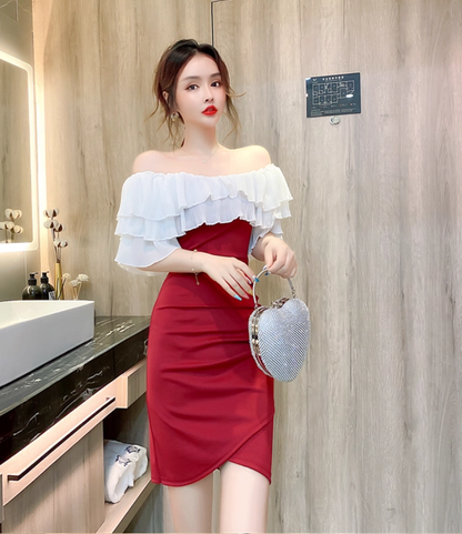 New Tendency Off-Shoulder Ruffles Trimmed Tiered Neckline Mini Dress Chic Red Sheath Asymmetric Hem Short Dress AP1689