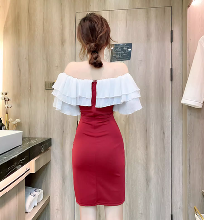New Tendency Off-Shoulder Ruffles Trimmed Tiered Neckline Mini Dress Chic Red Sheath Asymmetric Hem Short Dress AP1689