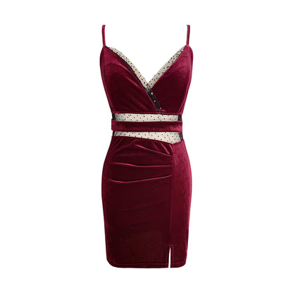 Charming Burgundy Velvet Cutout Spaghetti Strap Mini Skirt Sexy Parties Outfit Blace Mesh Trimmed Sequins Design Zipper Back Short Dress AP1690