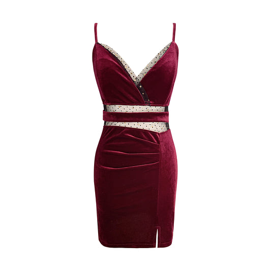 Charming Burgundy Velvet Cutout Spaghetti Strap Mini Skirt Sexy Parties Outfit Blace Mesh Trimmed Sequins Design Zipper Back Short Dress AP1690