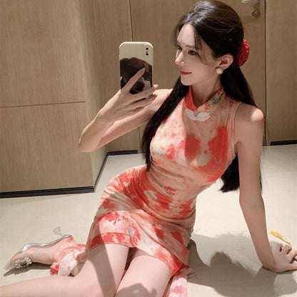 Classical Blush Pink Ruffles Trimmed Midi Skirt Oriental Asymmetric Hem Tie-Dye Ruched Halter Short Dress AP1691