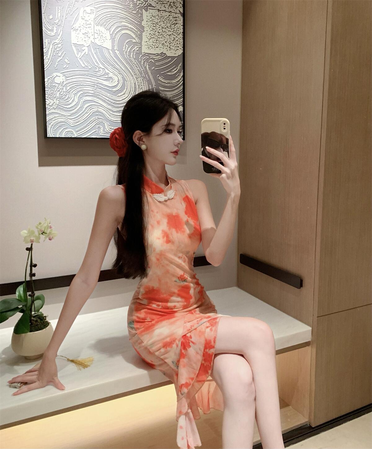 Classical Blush Pink Ruffles Trimmed Midi Skirt Oriental Asymmetric Hem Tie-Dye Ruched Halter Short Dress AP1691