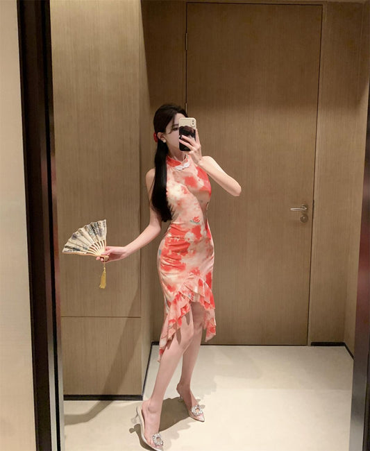 Classical Blush Pink Ruffles Trimmed Midi Skirt Oriental Asymmetric Hem Tie-Dye Ruched Halter Short Dress AP1691