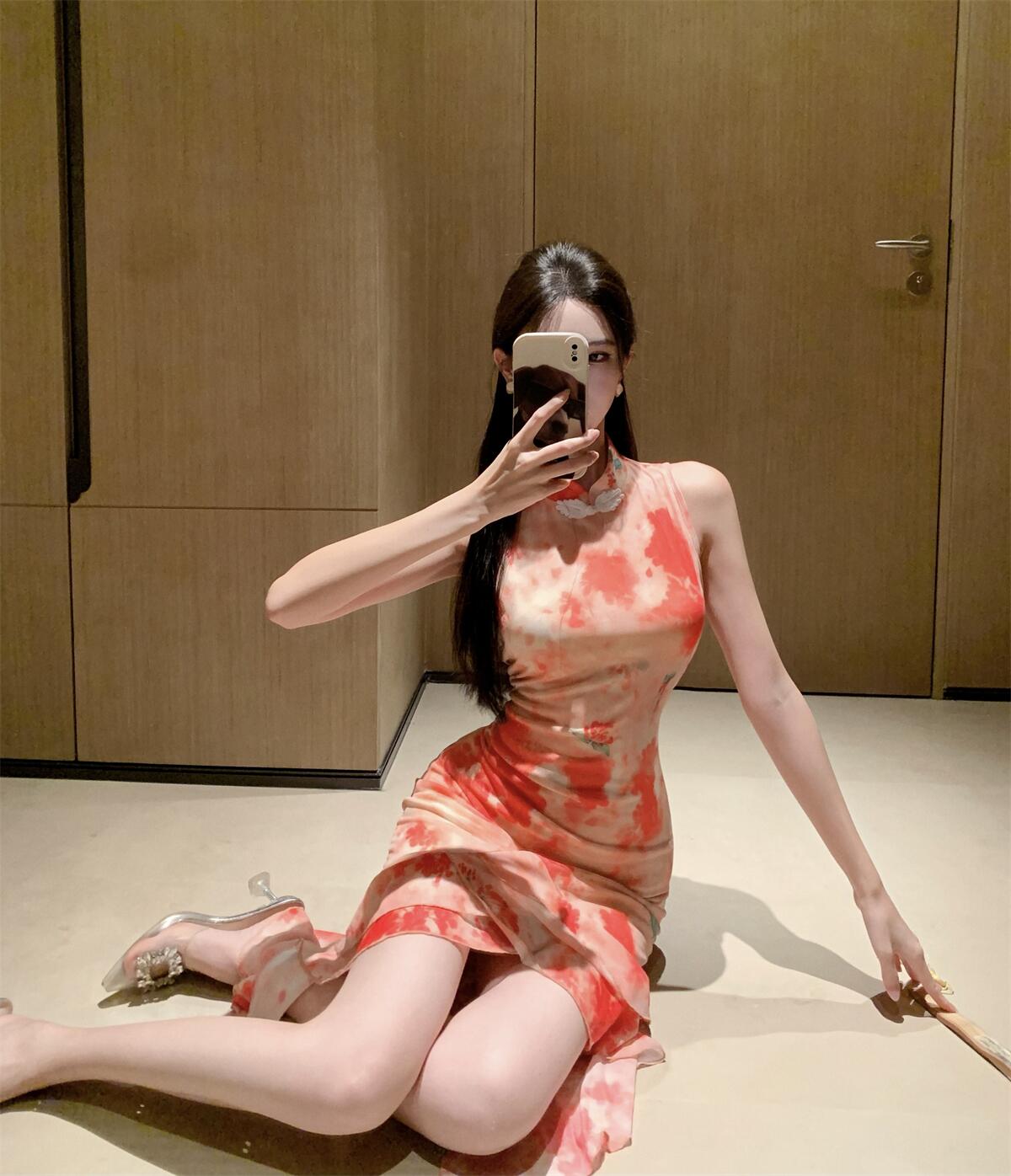 Classical Blush Pink Ruffles Trimmed Midi Skirt Oriental Asymmetric Hem Tie-Dye Ruched Halter Short Dress AP1691