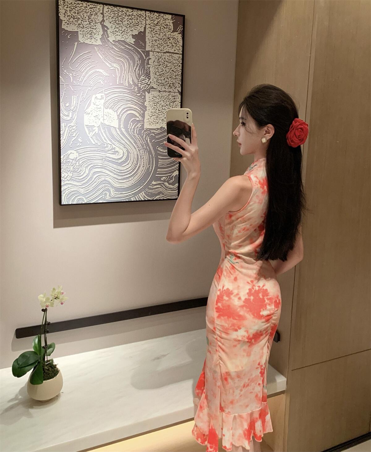 Classical Blush Pink Ruffles Trimmed Midi Skirt Oriental Asymmetric Hem Tie-Dye Ruched Halter Short Dress AP1691