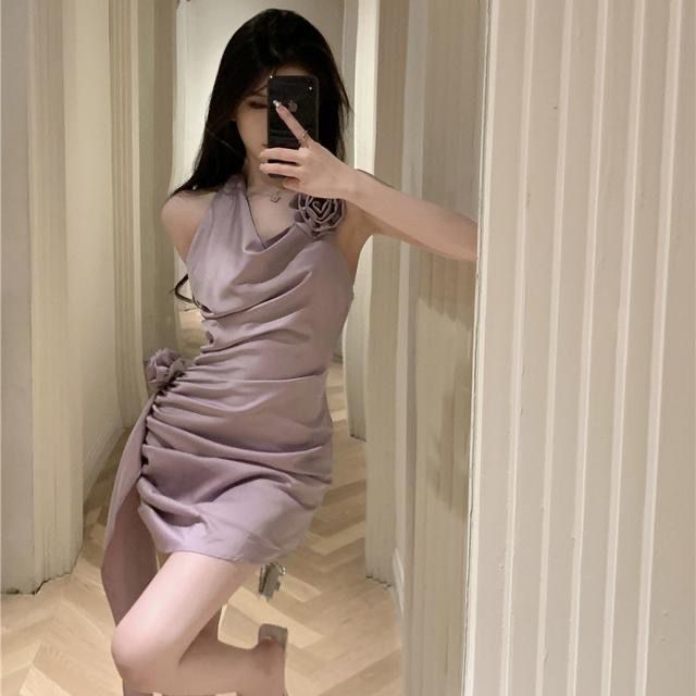 Alluring Purple Asymmetric Ruched Neckline Mini Skirt Vogue Flowers Design Bodycon Draped Halter Short Dress AP1692