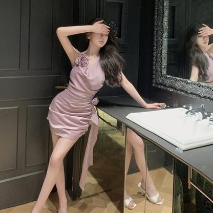 Alluring Purple Asymmetric Ruched Neckline Mini Skirt Vogue Flowers Design Bodycon Draped Halter Short Dress AP1692