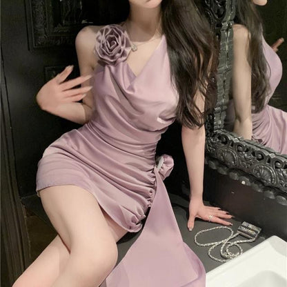 Alluring Purple Asymmetric Ruched Neckline Mini Skirt Vogue Flowers Design Bodycon Draped Halter Short Dress AP1692