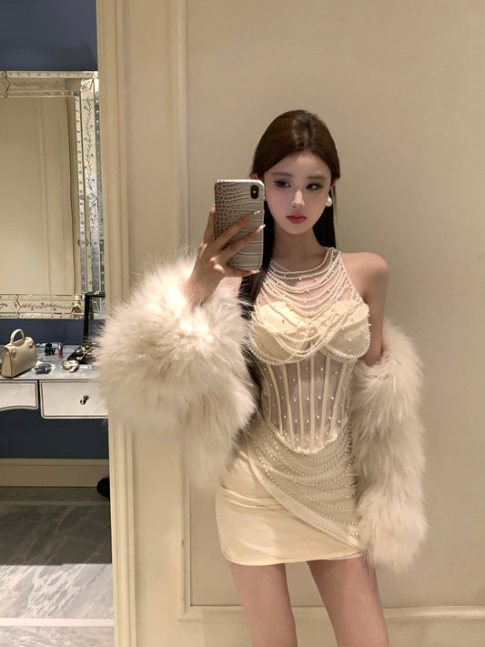 Charming Ivory Pearl Embellished Bodycon Mini Skirt Beading Transparent Mesh Shoulder Two-Piece Set Halter Short Dress AP1693