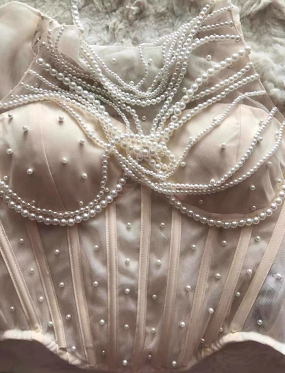 Elegant Ivory Pearl Embellished Bodycon Maxi Skirt Exquisite Beading Transparent Mesh Shoulder Two-Piece Set Halter Long Dress AP1694