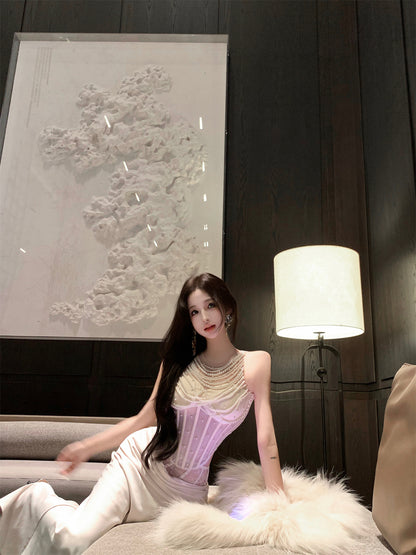 Elegant Ivory Pearl Embellished Bodycon Maxi Skirt Exquisite Beading Transparent Mesh Shoulder Two-Piece Set Halter Long Dress AP1694