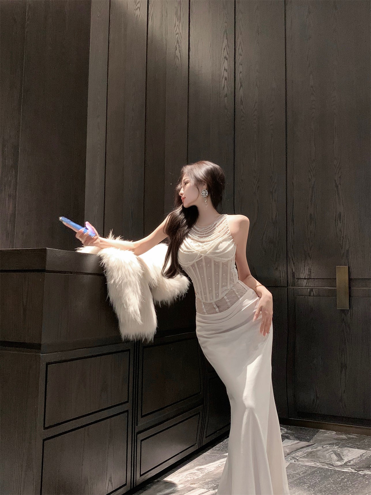 Elegant Ivory Pearl Embellished Bodycon Maxi Skirt Exquisite Beading Transparent Mesh Shoulder Two-Piece Set Halter Long Dress AP1694