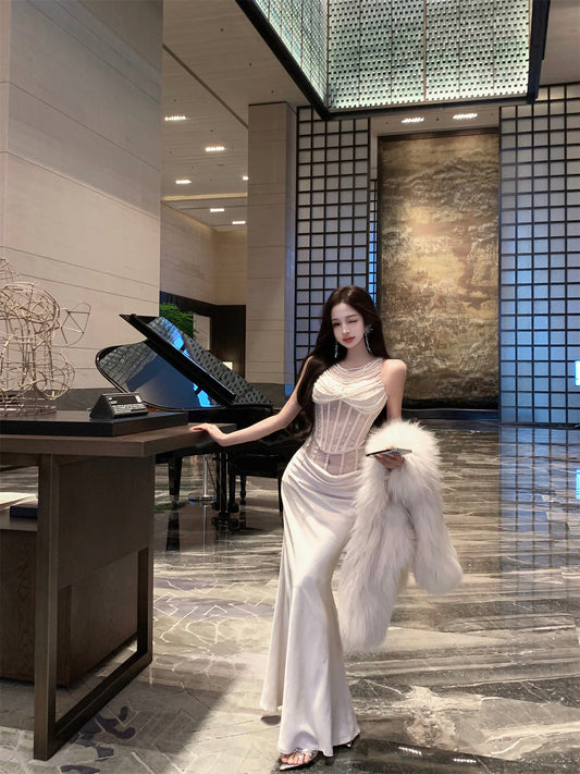 Elegant Ivory Pearl Embellished Bodycon Maxi Skirt Exquisite Beading Transparent Mesh Shoulder Two-Piece Set Halter Long Dress AP1694