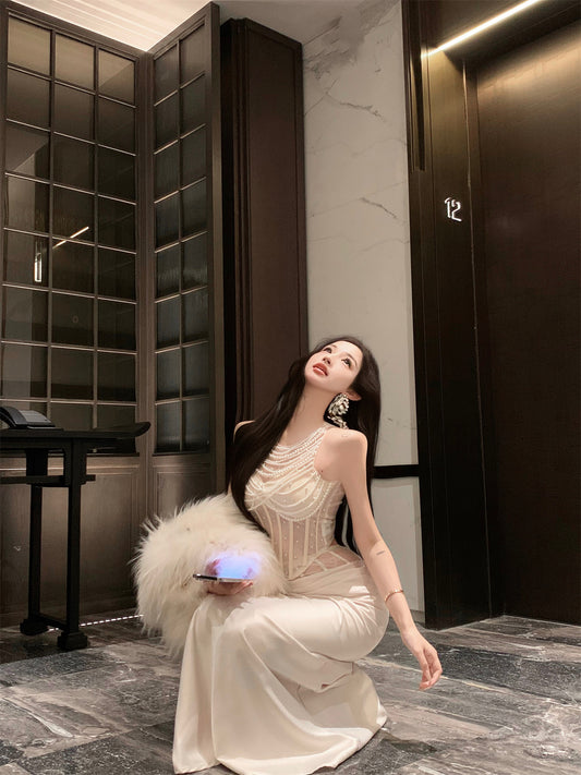 Elegant Ivory Pearl Embellished Bodycon Maxi Skirt Exquisite Beading Transparent Mesh Shoulder Two-Piece Set Halter Long Dress AP1694