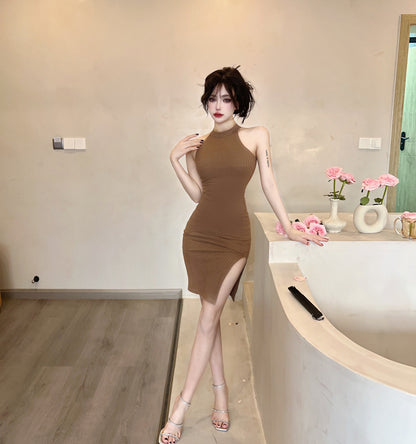 New Fashion Sleeveless Bodycon Mini Skirt Classical Ribbed Knit Side Split Halter Short Dress AP1695